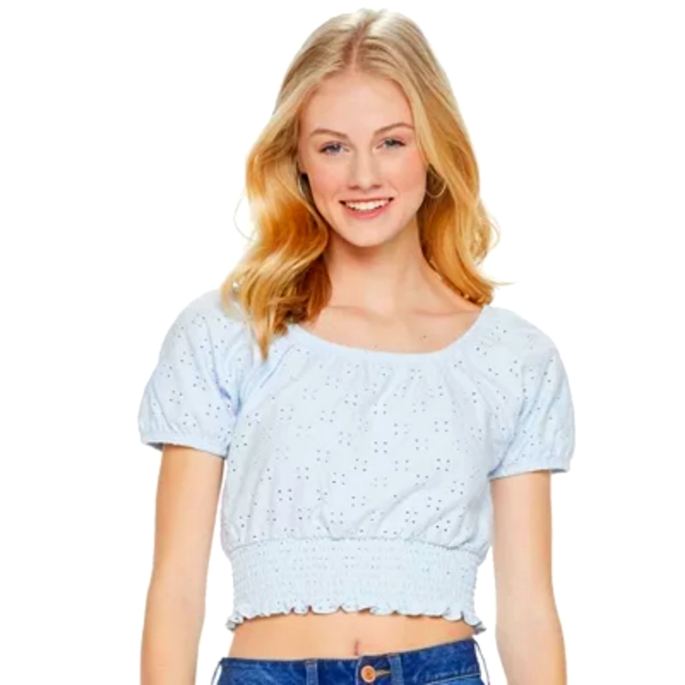 SO® Eyelet Smocked Bottom Puffed Sleeve Top
